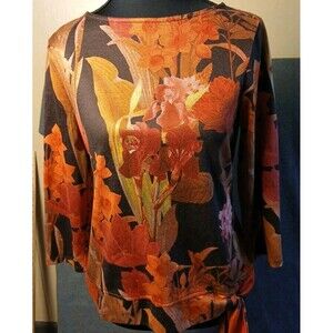 Chico's Womens Medium Shirt 3/4 Sleeve Multicolor Floral Boat Neck Size XS